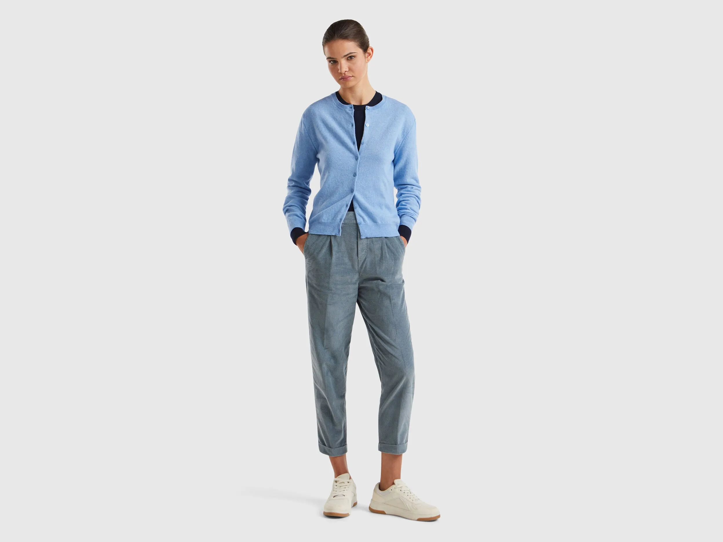 Marl sky blue crew neck cardigan in pure Merino wool - Light Blue | Benetton