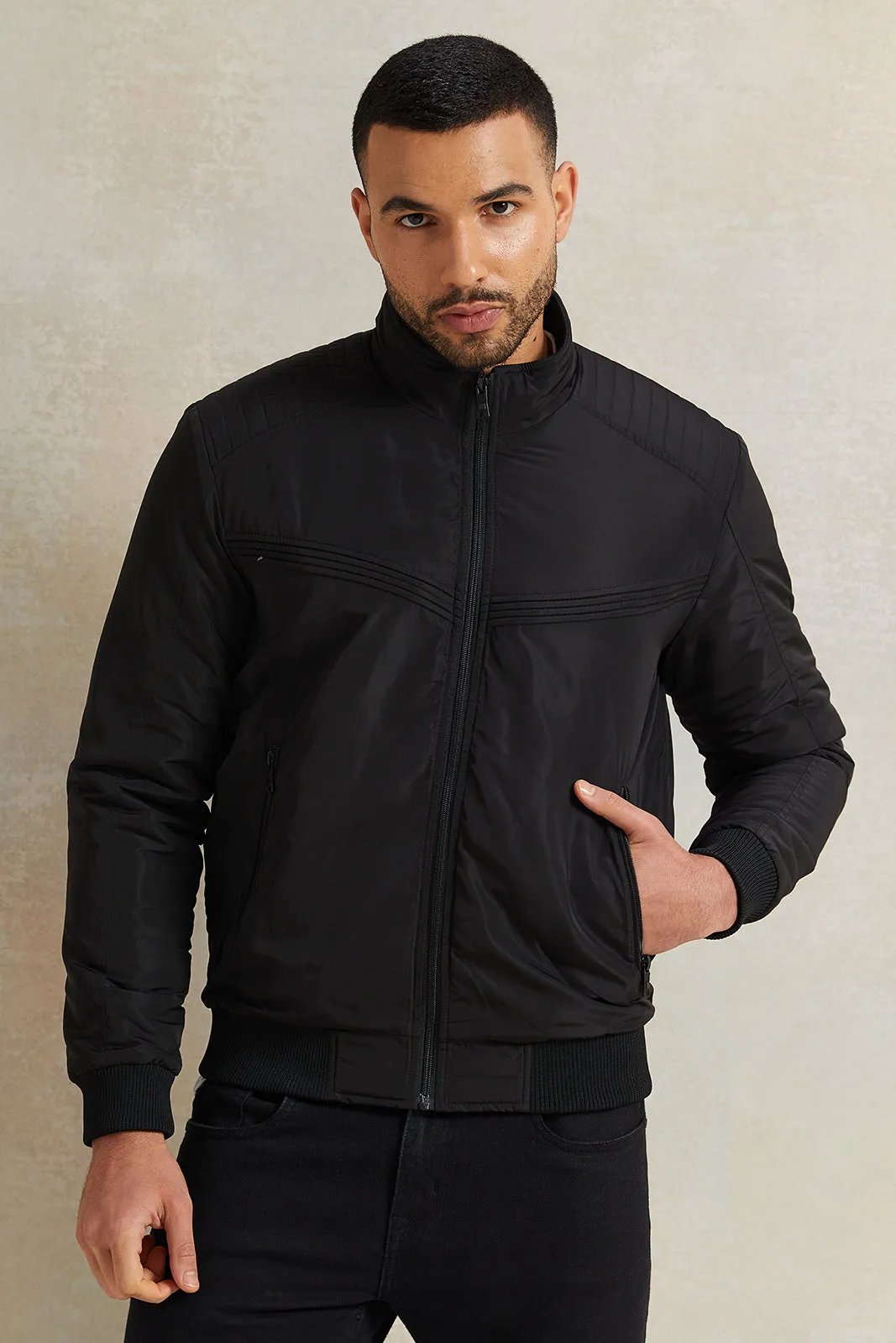 Men Black Solid Biker Jacket