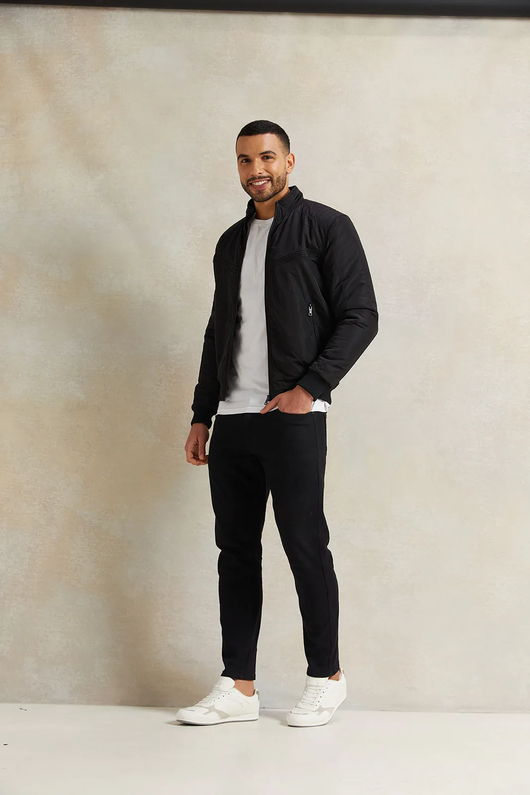 Men Black Solid Biker Jacket