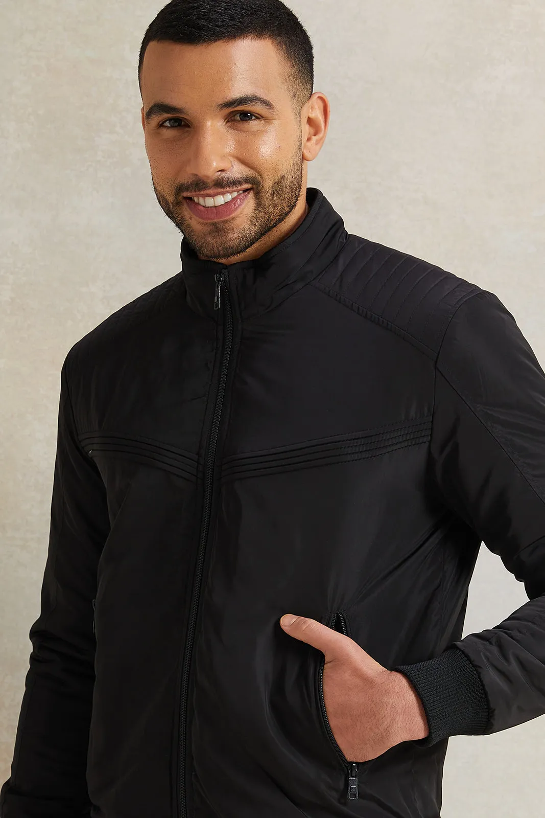 Men Black Solid Biker Jacket