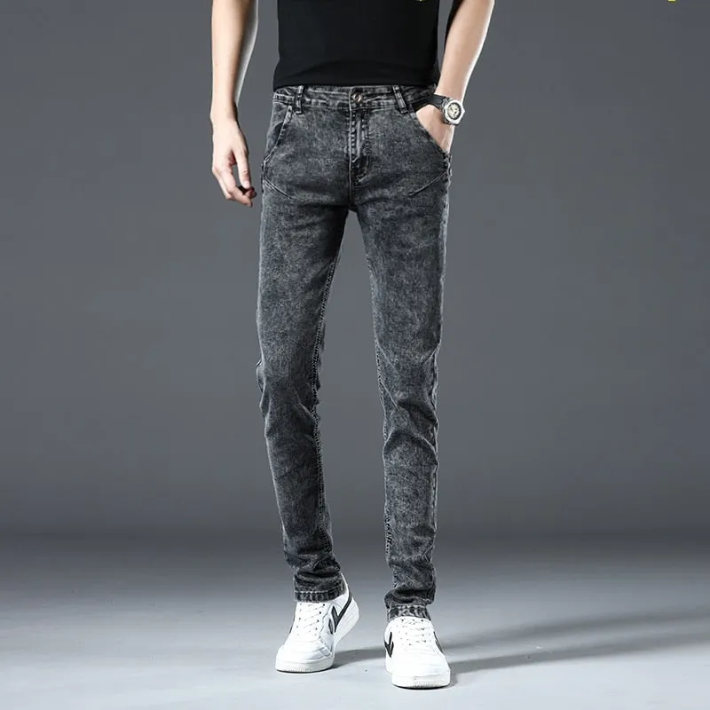 Men's Denim Retro Casual Style Solid Pattern Mid Waist Skinny Jeans