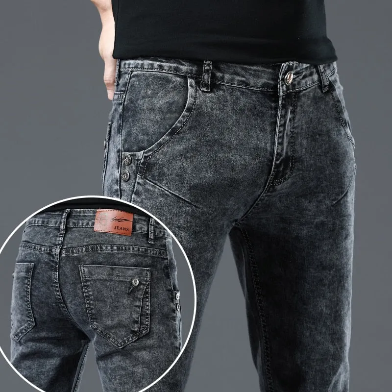 Men's Denim Retro Casual Style Solid Pattern Mid Waist Skinny Jeans