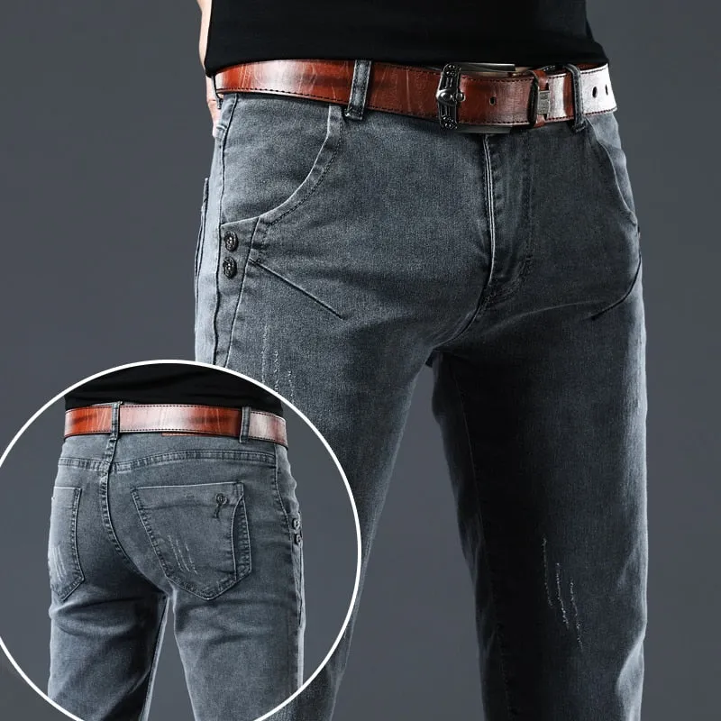 Men's Denim Retro Casual Style Solid Pattern Mid Waist Skinny Jeans