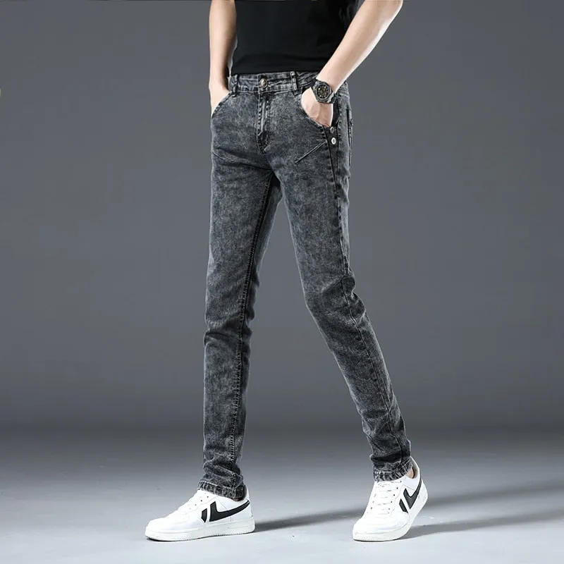 Men's Denim Retro Casual Style Solid Pattern Mid Waist Skinny Jeans