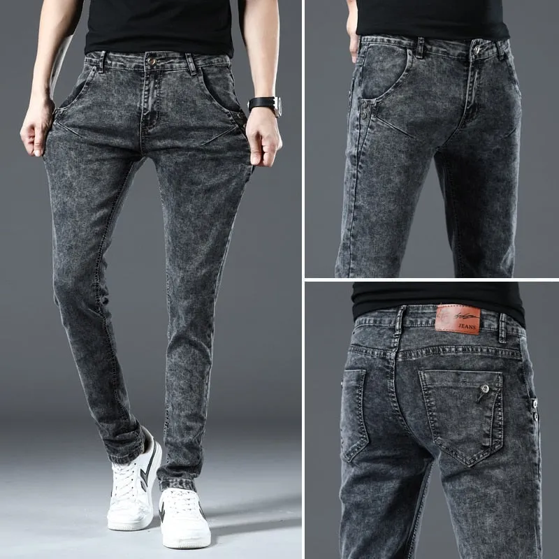 Men's Denim Retro Casual Style Solid Pattern Mid Waist Skinny Jeans