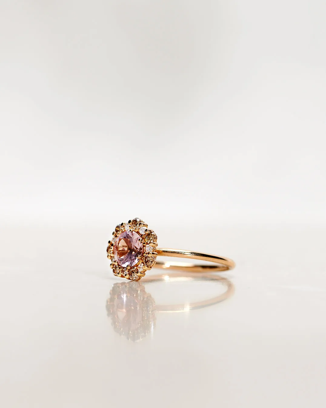 One-Of-A-Kind Flower Ring with Light Pink Morganite and a halo of Champagne Diamonds and Diamonds (1.48 CT)