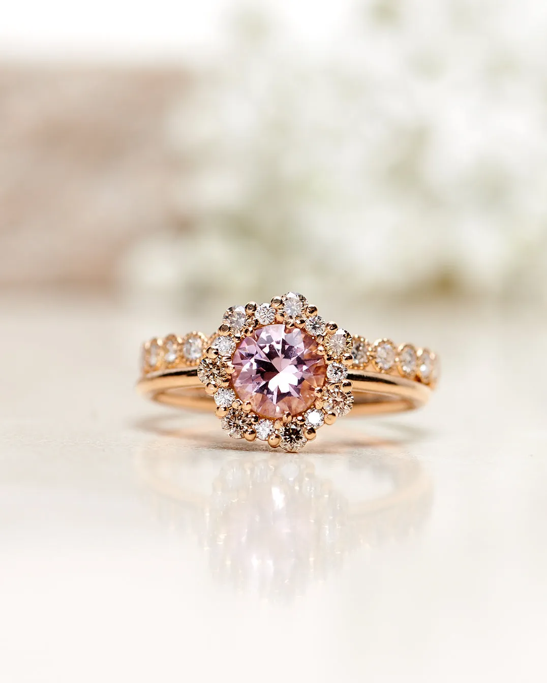 One-Of-A-Kind Flower Ring with Light Pink Morganite and a halo of Champagne Diamonds and Diamonds (1.48 CT)