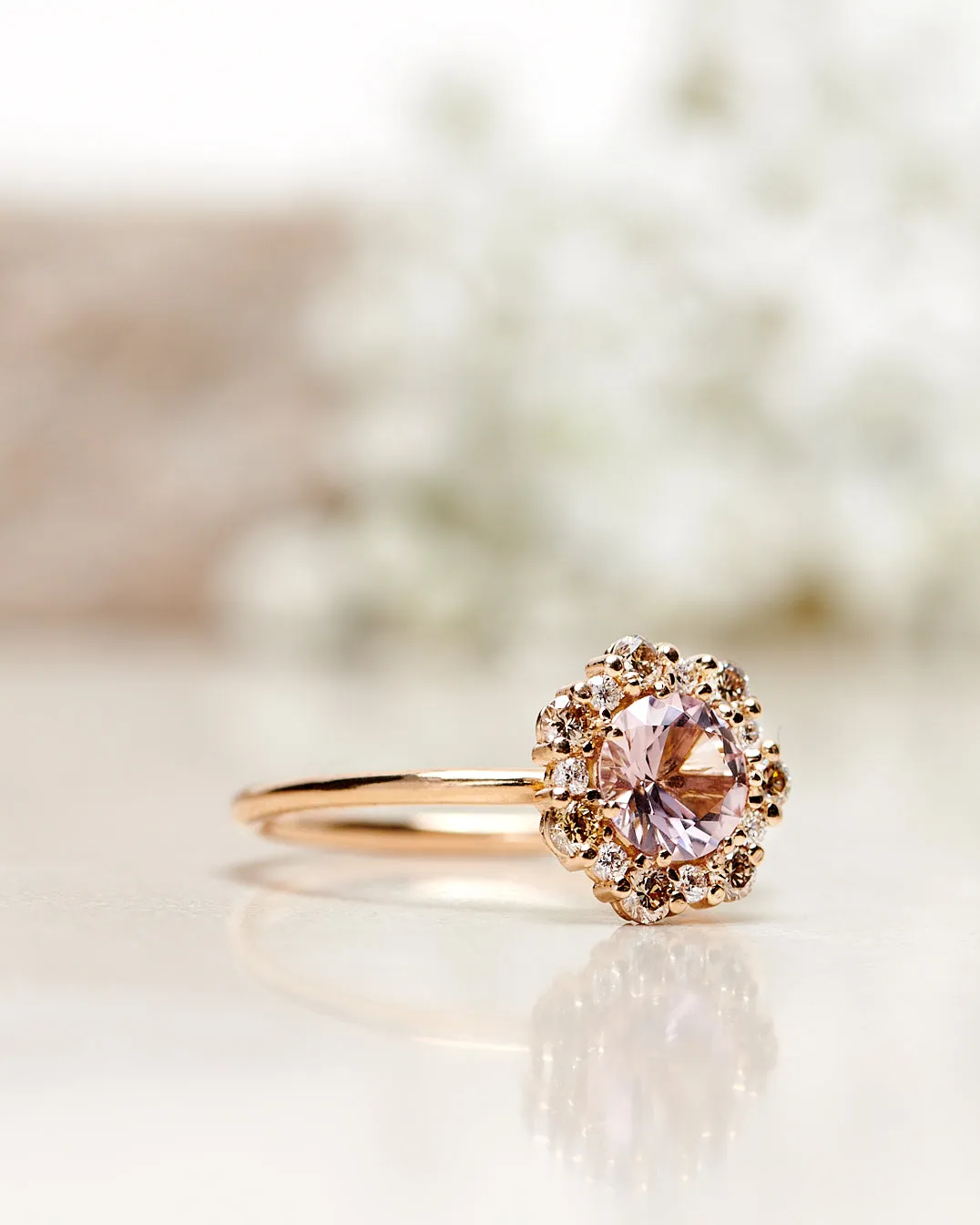 One-Of-A-Kind Flower Ring with Light Pink Morganite and a halo of Champagne Diamonds and Diamonds (1.48 CT)