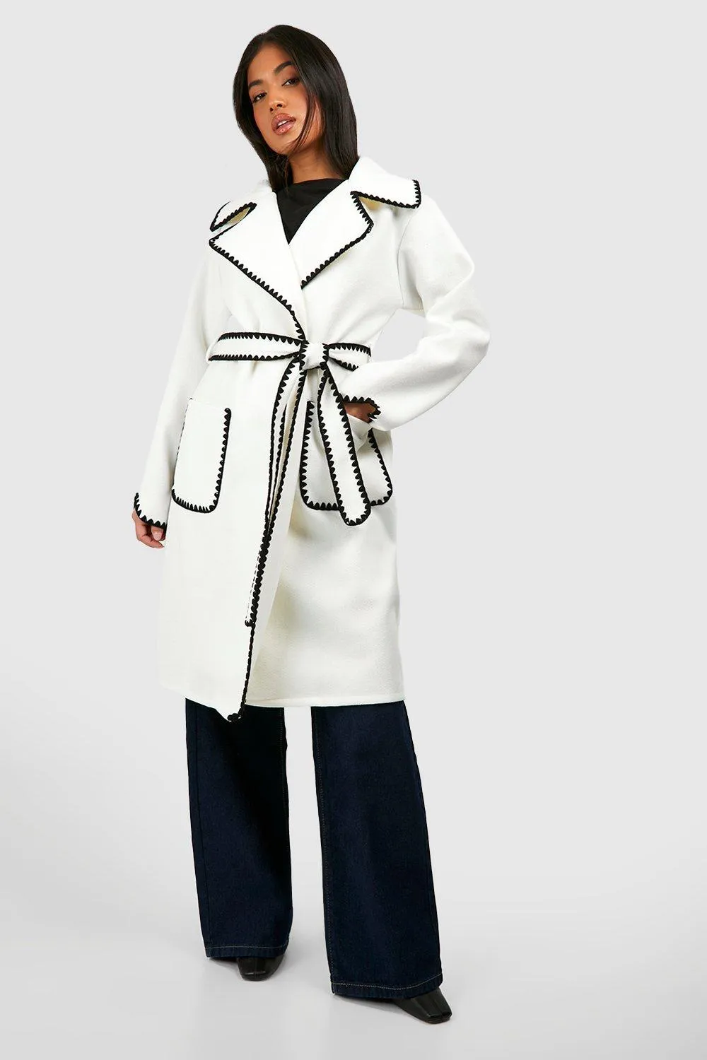 Petite Contrast Stitch Belted Wool Look Coat