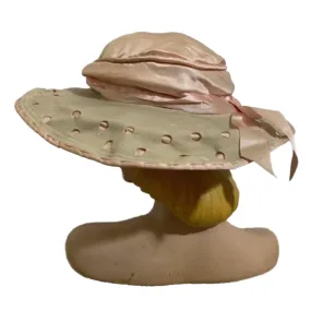 Pink Silk and Grey Wool Cutwork Polka Dot Brim Hat circa 1910s