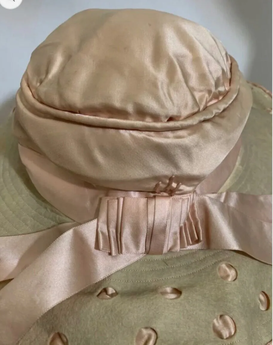 Pink Silk and Grey Wool Cutwork Polka Dot Brim Hat circa 1910s