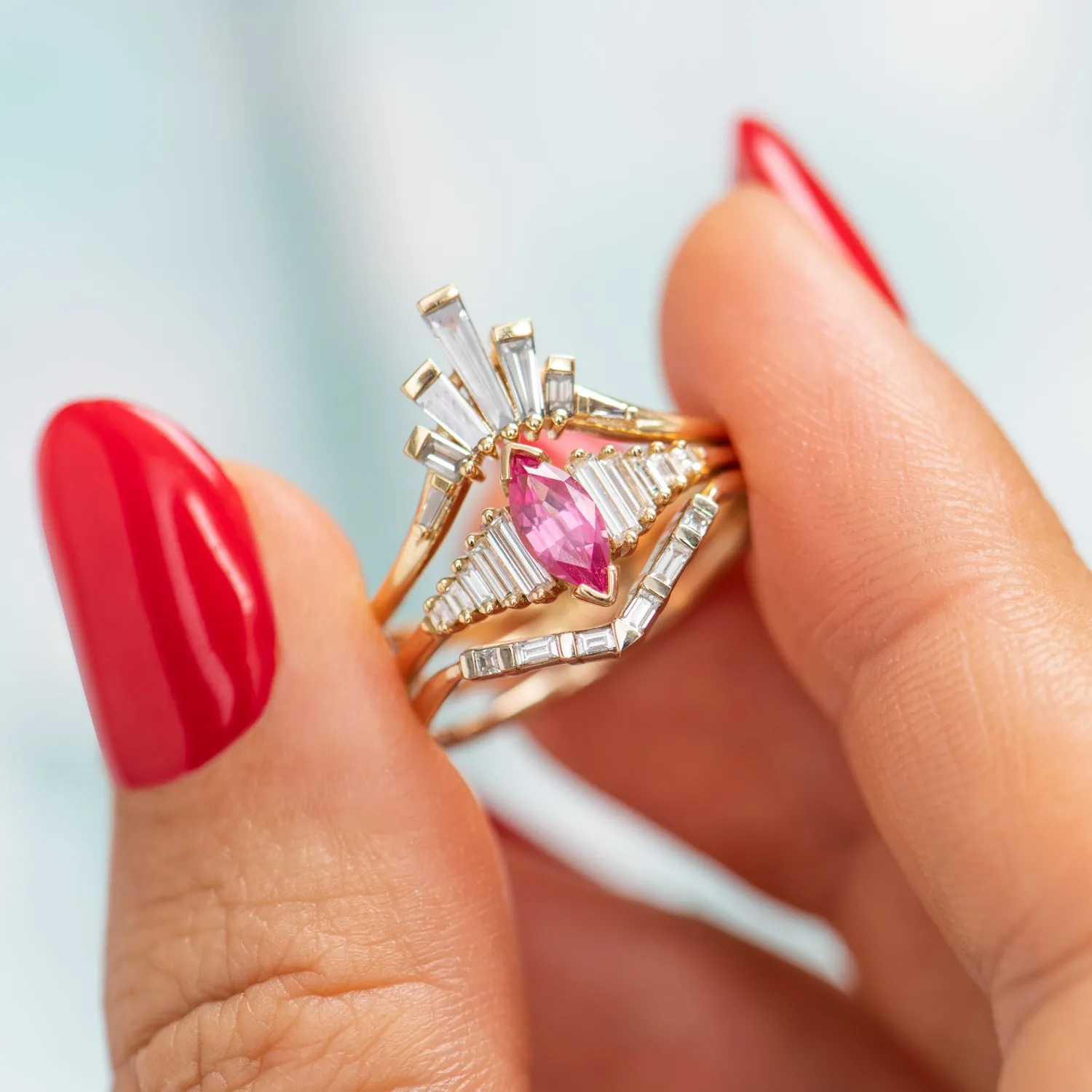 Pink Spinel Engagement Ring with a Dainty Diamond Lineup