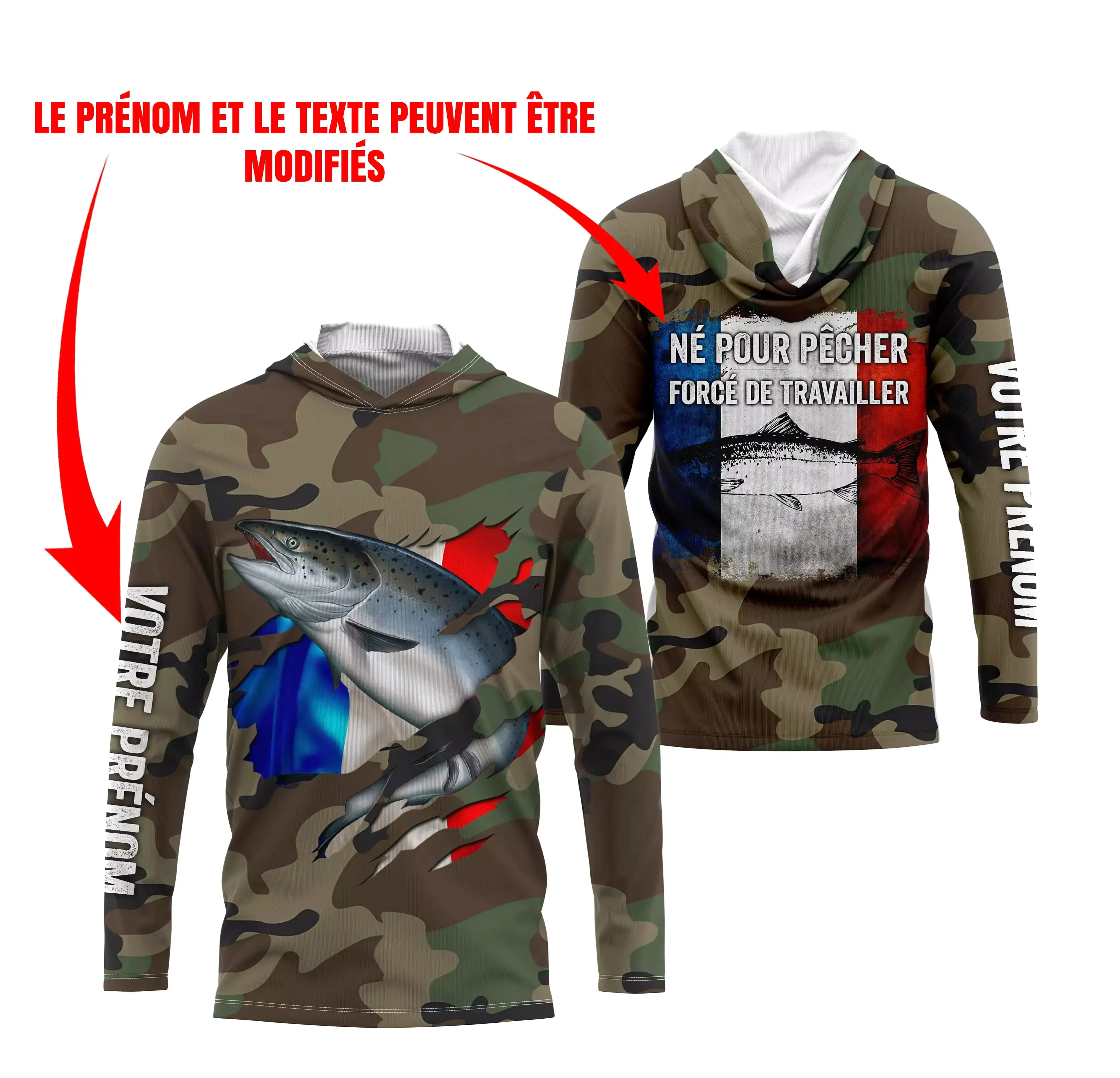 Pêche Au Saumon, Cadeau Original Pêcheur, Camouflage, Drapeau de la France, Cadeau Personnalisé, Né Pour Pêcher Forcé de Travail