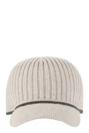 RIBBED VIRGIN WOOL, CASHMERE AND SILK KNIT BASEBALL CAP WITH JEWEL