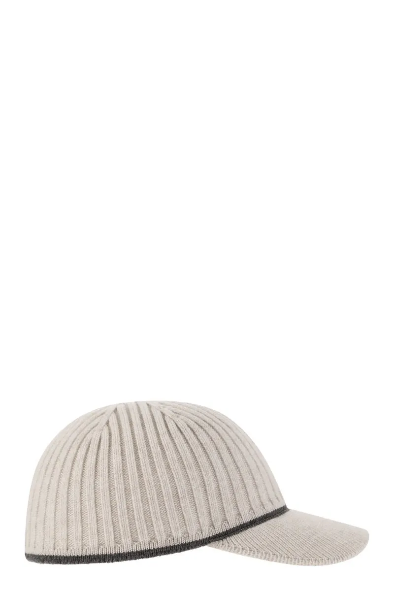 RIBBED VIRGIN WOOL, CASHMERE AND SILK KNIT BASEBALL CAP WITH JEWEL