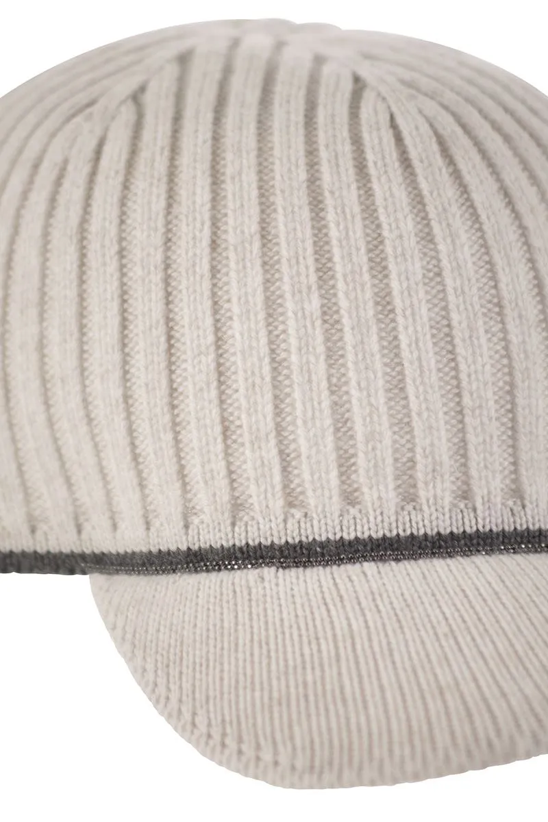 RIBBED VIRGIN WOOL, CASHMERE AND SILK KNIT BASEBALL CAP WITH JEWEL