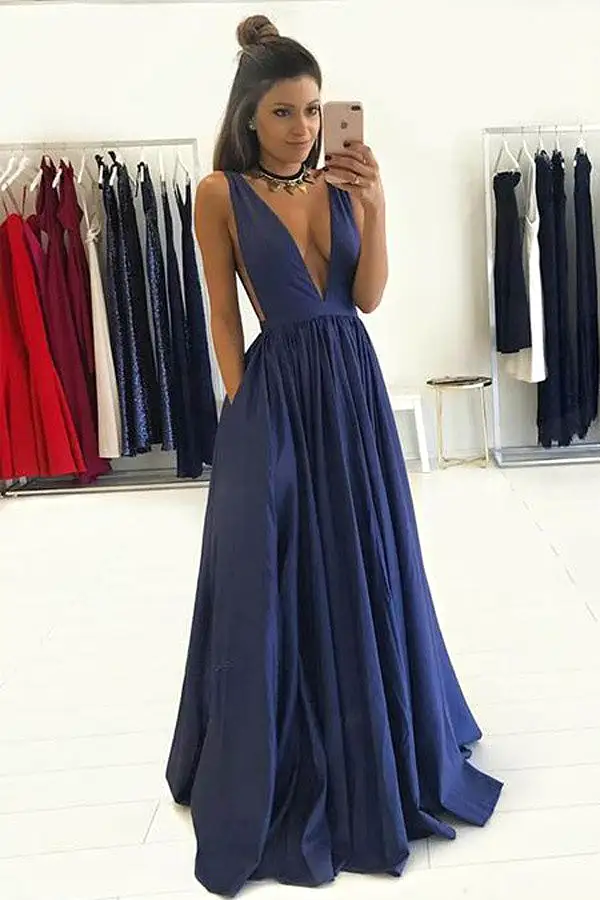 Royal Blue A Line Floor Length Deep V Neck Sleeveless Deep V Back Prom Dresses