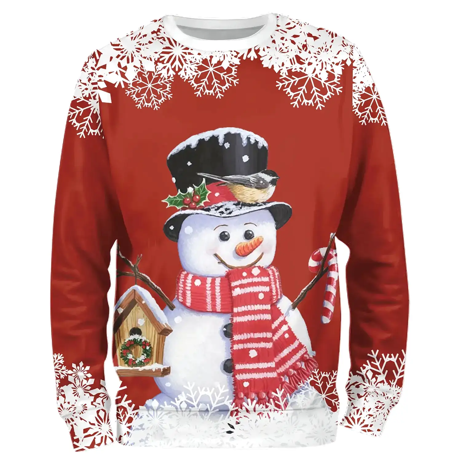 Sweat à Capuche de Nol Rouge – Bonhomme de Neige Festif avec Accessoires de Saison et Flocons - CT04112349