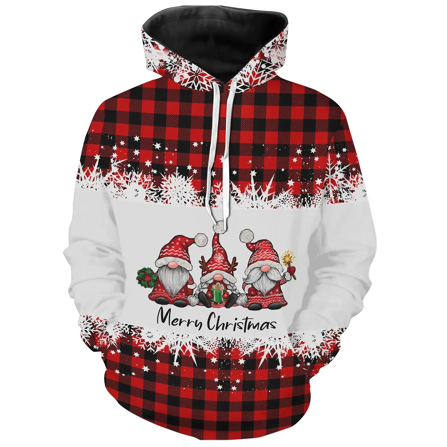 Sweat à Capuche Festif: Gnomes de Nol et Carreaux Rouges - CT04112344