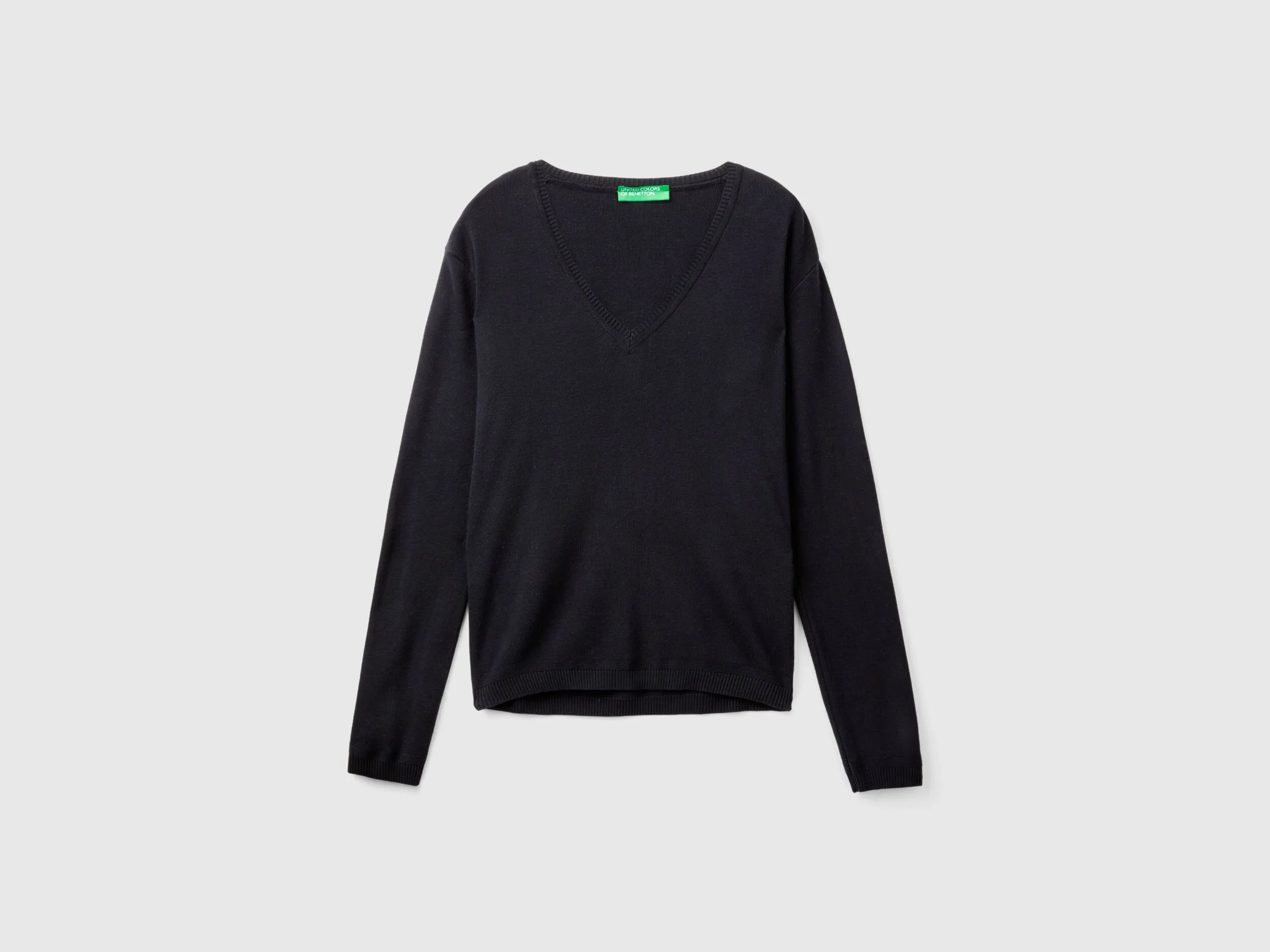 V-neck sweater in pure cotton - Black | Benetton