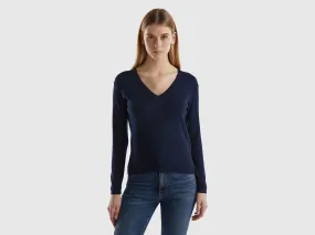 V-neck sweater in pure cotton - Dark Blue | Benetton