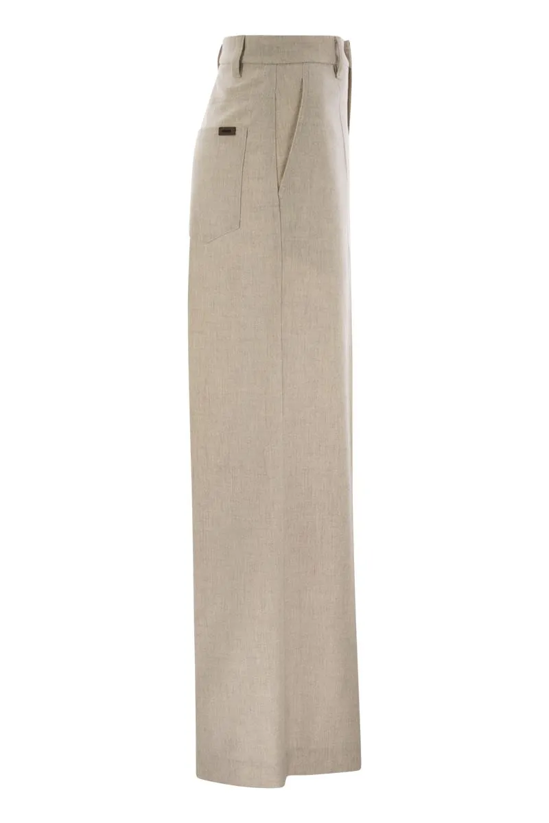 WIDE HIGH-WAISTED WOOL AND CASHMERE TROUSERS WITH NECKLACE