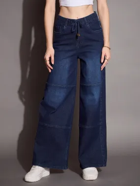 Women Blue Straight Fit Drawstring Jeans