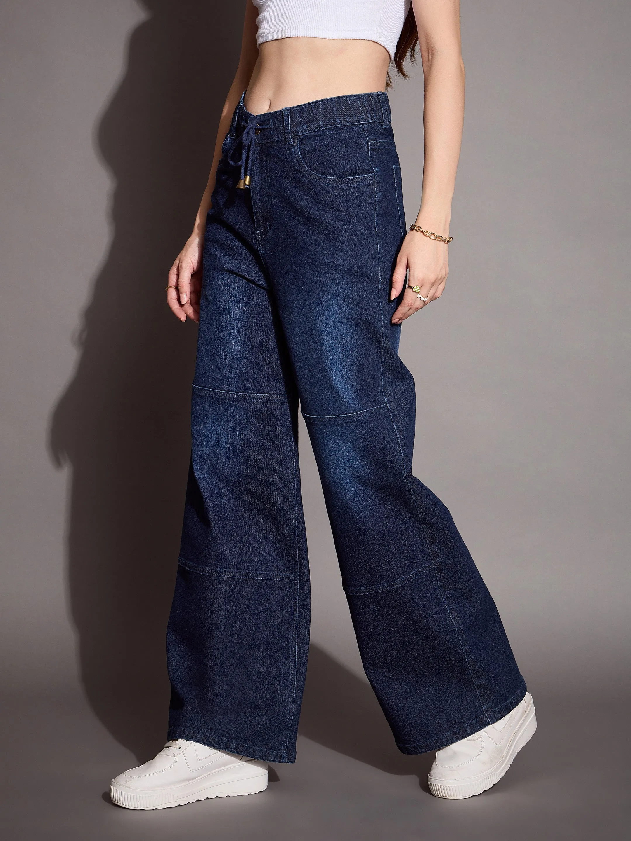 Women Blue Straight Fit Drawstring Jeans