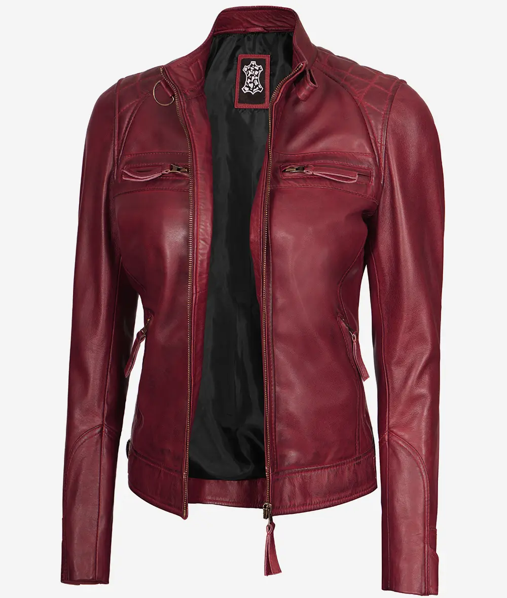 Women's Maroon Real Lambskin Leather Motorcycle Jacket