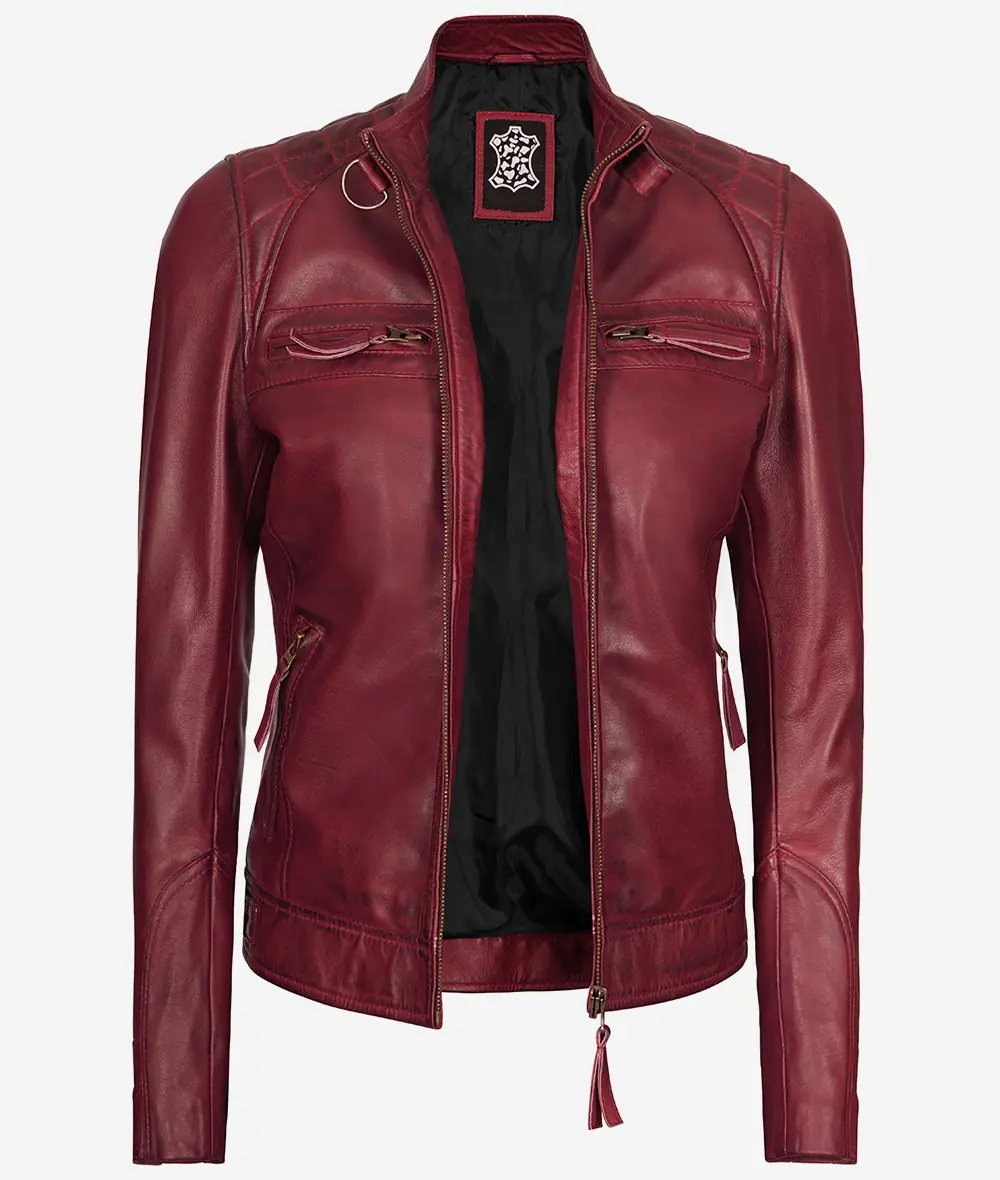 Women's Maroon Real Lambskin Leather Motorcycle Jacket