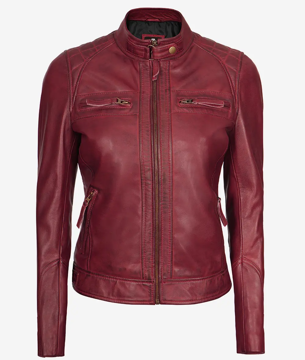 Women's Maroon Real Lambskin Leather Motorcycle Jacket