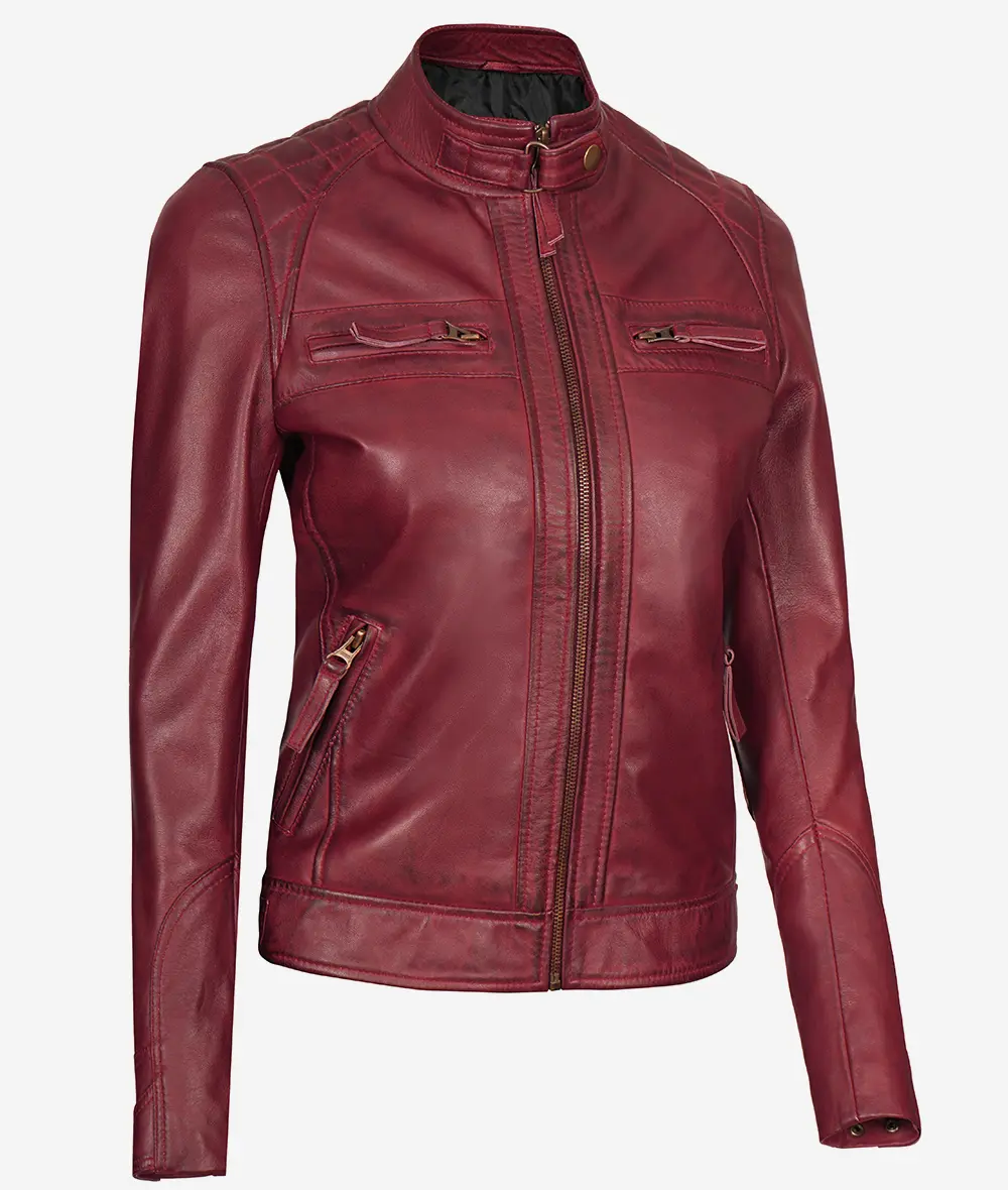 Women's Maroon Real Lambskin Leather Motorcycle Jacket