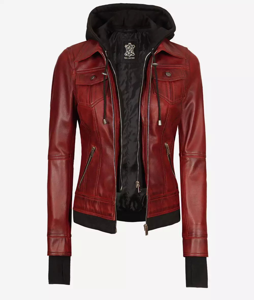 Womens Maroon Bomber Leather Jacket With Removable Hood