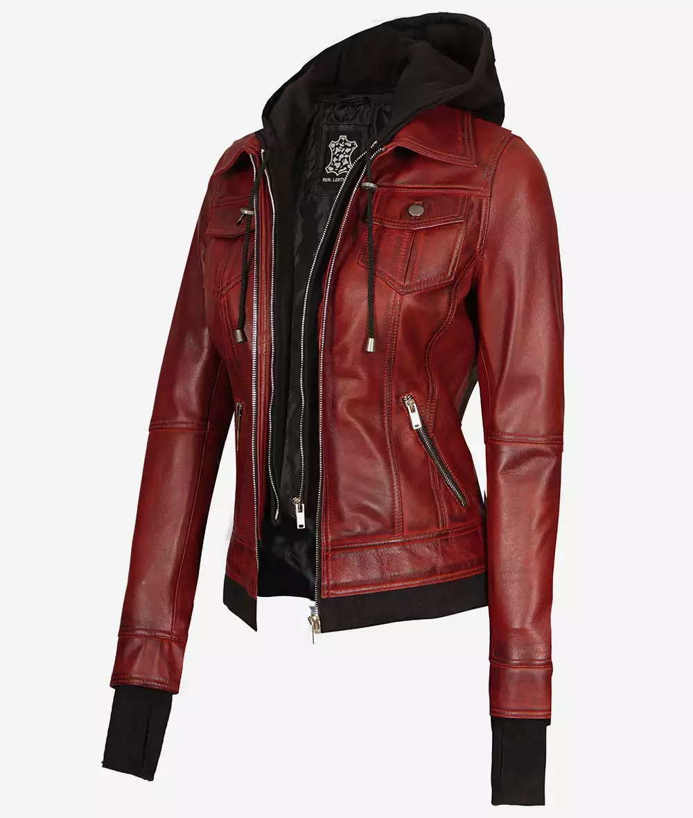 Womens Maroon Bomber Leather Jacket With Removable Hood