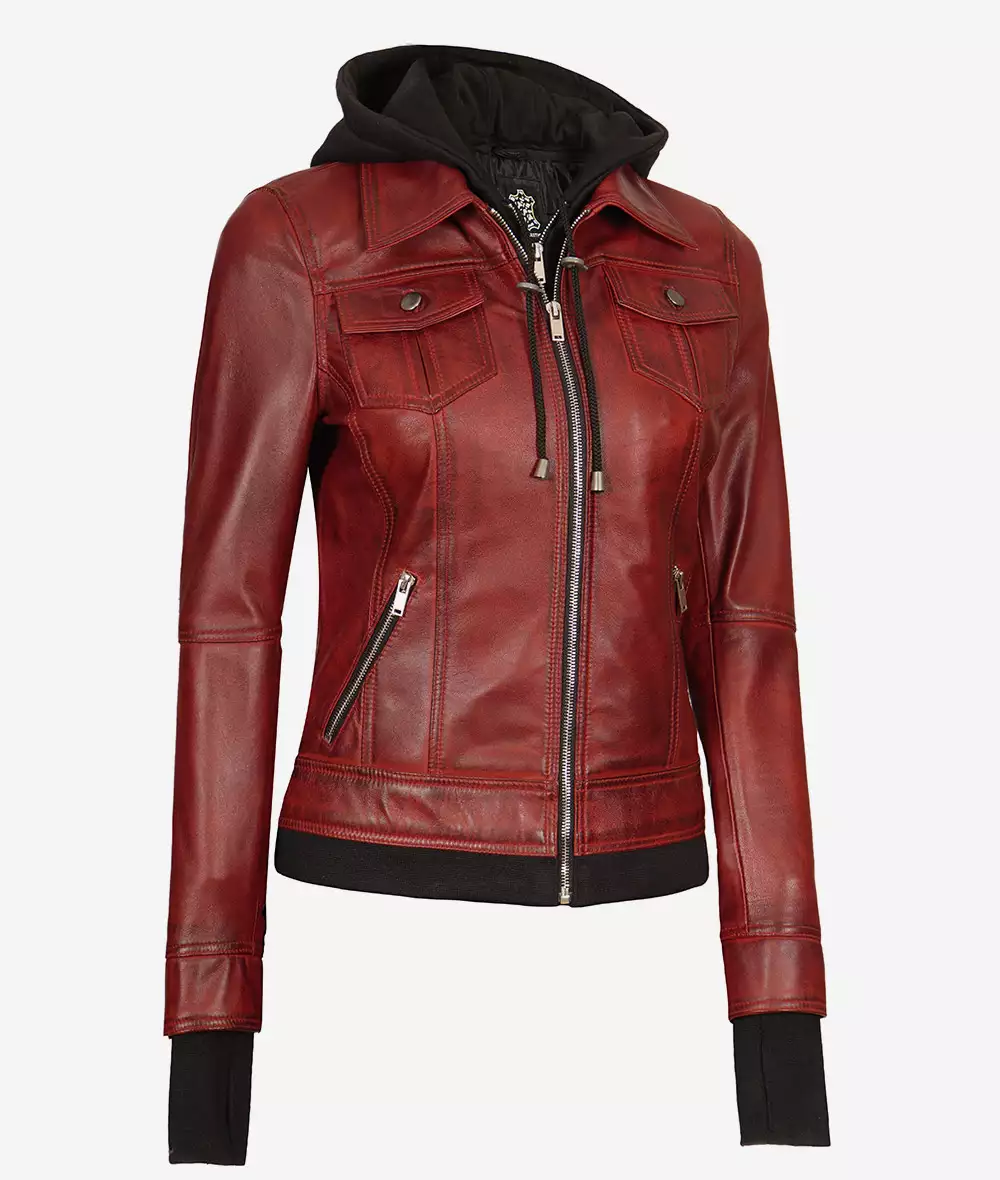 Womens Maroon Bomber Leather Jacket With Removable Hood