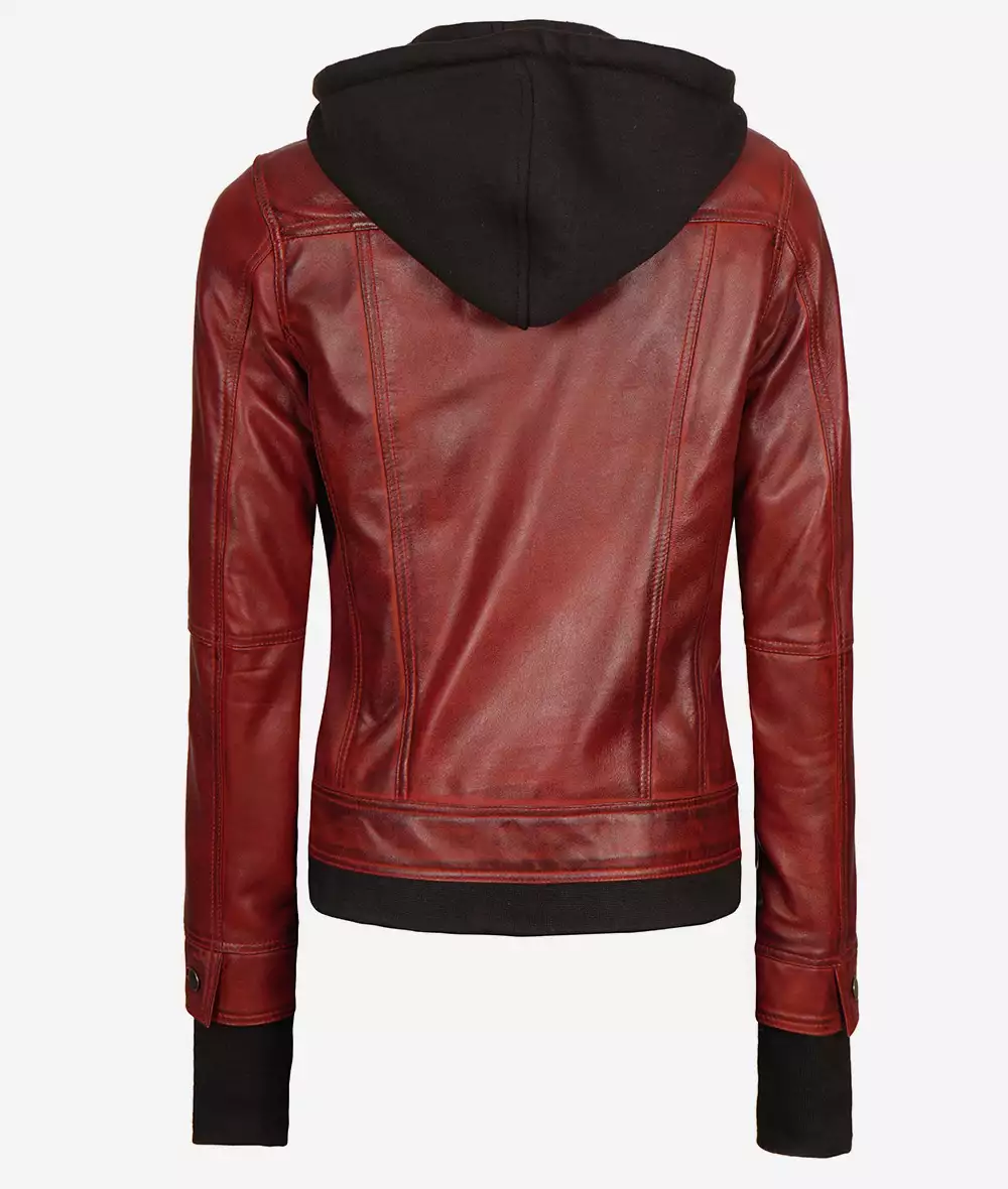 Womens Maroon Bomber Leather Jacket With Removable Hood