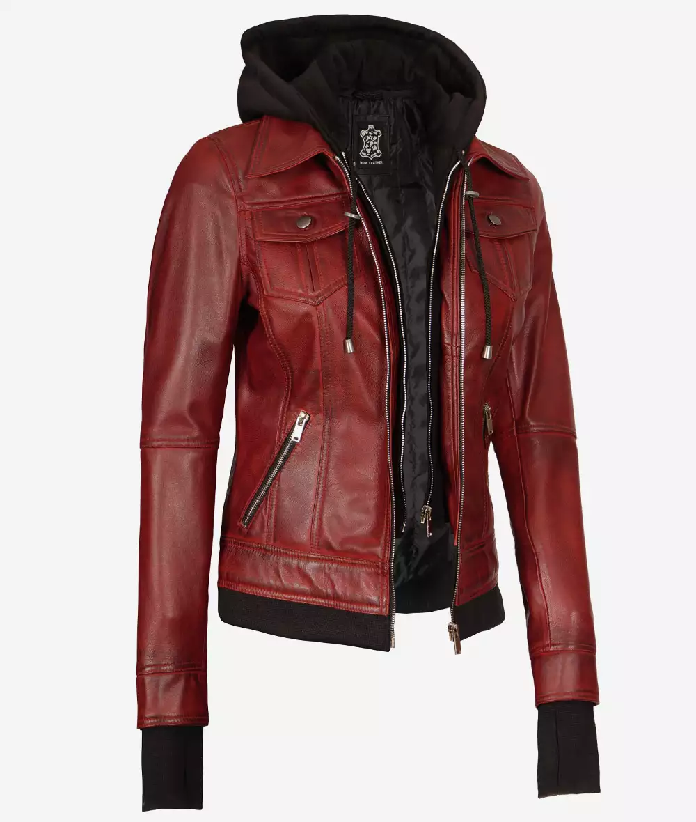 Womens Maroon Bomber Leather Jacket With Removable Hood