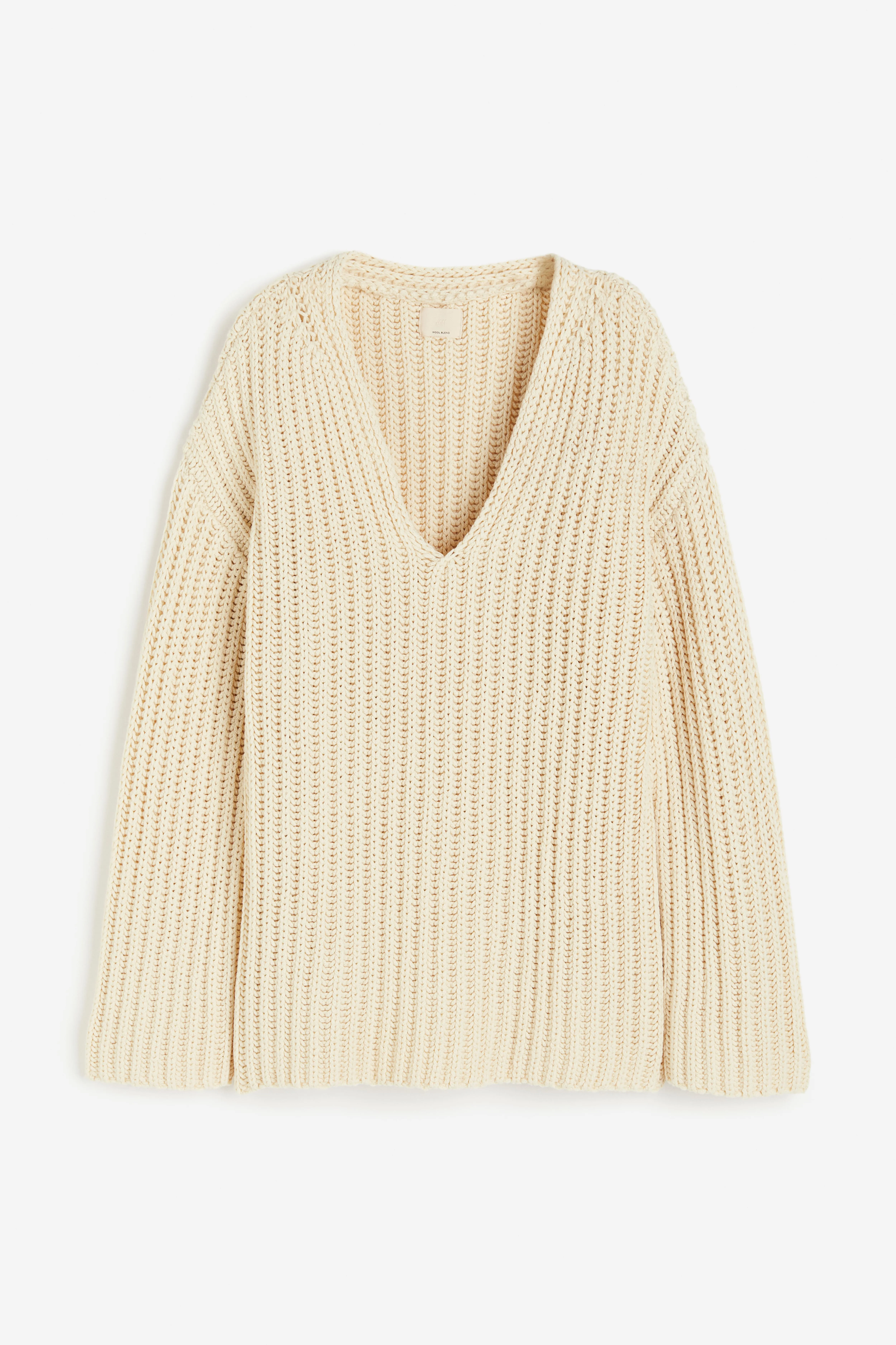 Wool-blend V-neck jumper - Deep neckline - Long sleeve - Light beige - Ladies | H&M GB