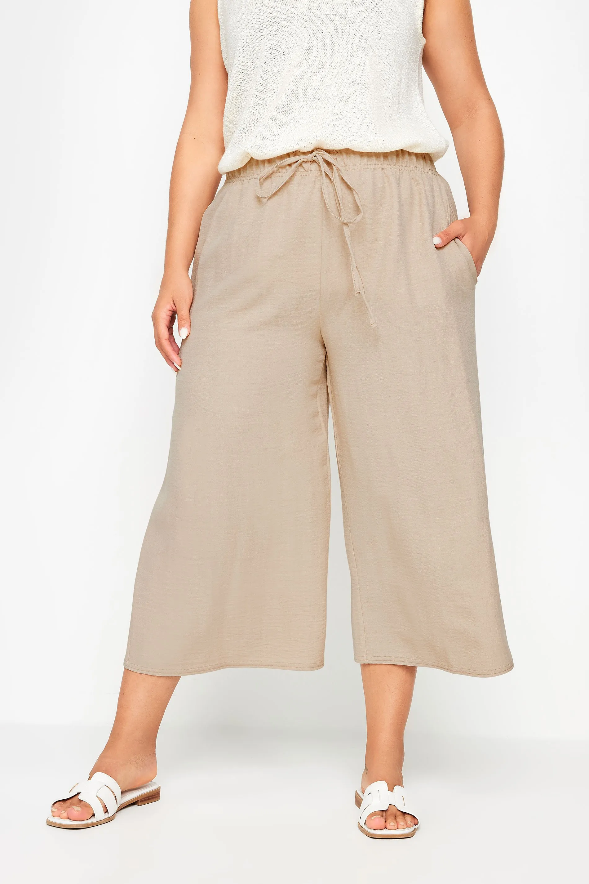 YOURS Curve Beige Brown Linen Look Cropped Trousers